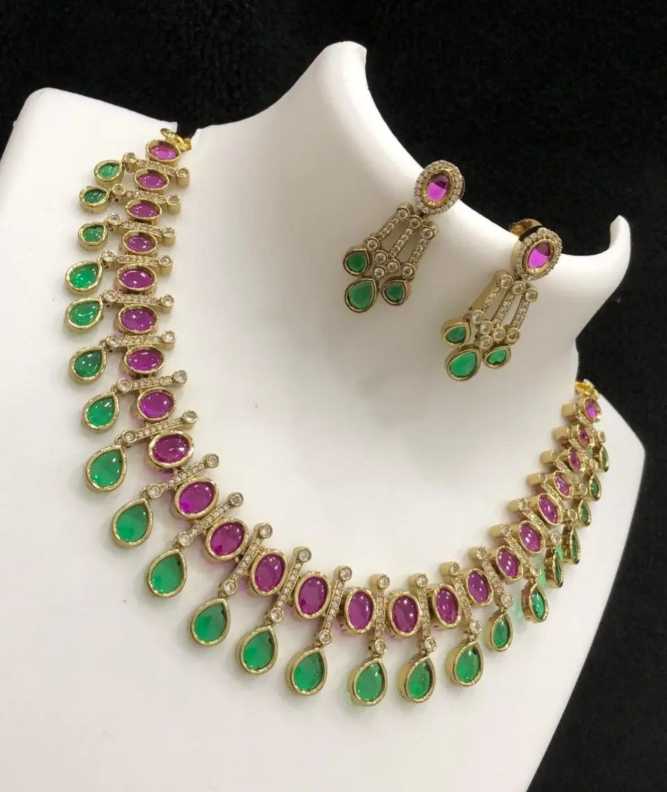 Victorian AD Stone Emerald-Ruby Teardrop Necklace set
